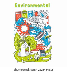 Environmental save and recycle theme hand drawn vector illustration, ecology and pure energy concept
