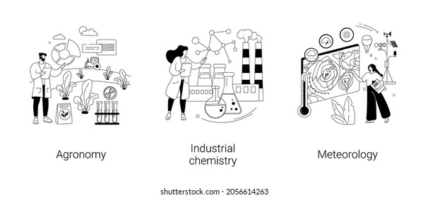 Environmental science abstract concept vector illustration set. Agronomy and agricultural economics, industrial chemistry, plant science, chemical processing, weather prediction abstract metaphor.