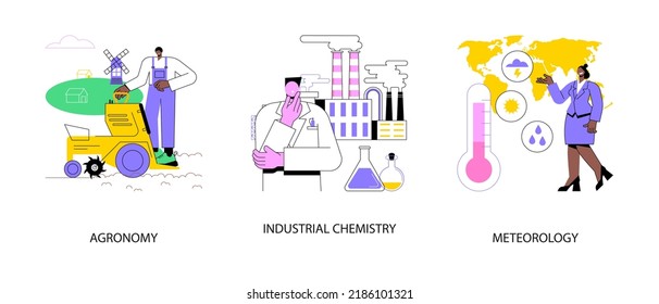 Environmental Science Abstract Concept Vector Illustration Set. Agronomy And Agricultural Economics, Industrial Chemistry, Plant Science, Chemical Processing, Weather Prediction Abstract Metaphor.