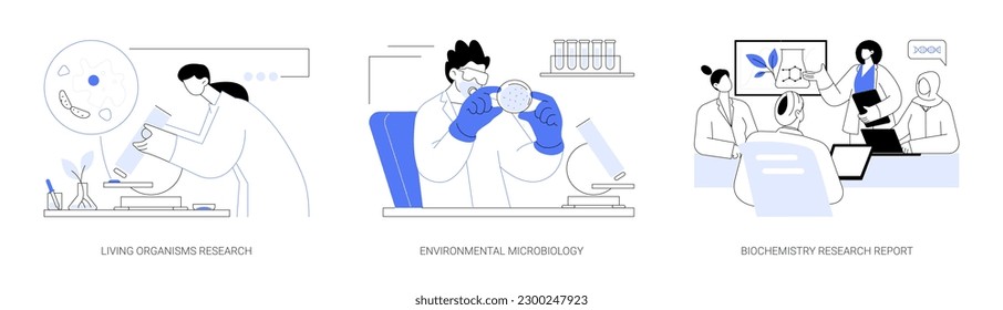 Conjunto de ilustraciones vectoriales del concepto abstracto de la ciencia ambiental. Investigación de organismos vivos, microbiología ambiental, informe de investigación bioquímica, muestra de laboratorio, metáfora abstracta de ciencia de la naturaleza.