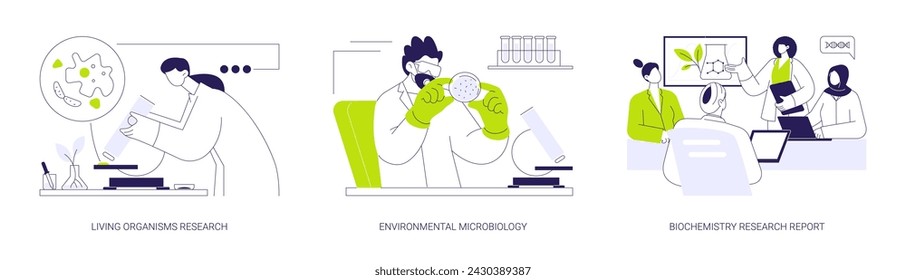 Environmental science abstract concept vector illustration set. Living organisms research, environmental microbiology, biochemistry research report, lab sample, nature science abstract metaphor.