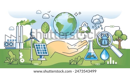 Environmental science and nature friendly power sources outline hands concept. Ecological element usage for scientific energy development and renewable innovation research vector illustration.