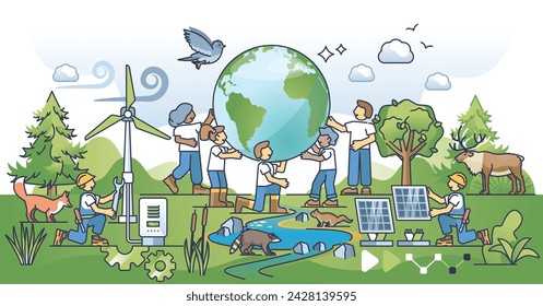 Environmental science as physics, biology and geography study combination outline concept. Sustainable future solutions with nature friendly and ecological green power research vector illustration.