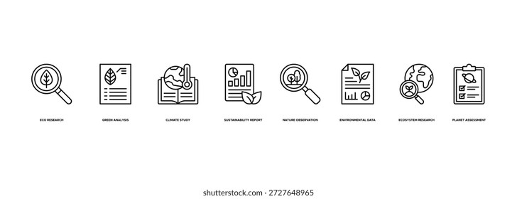 Umweltwissenschaftliche Studien Banner-Illustration mit Öko-Forschung, Grüne Analyse, Klimastudie, Nachhaltigkeitsbericht, Naturbeobachtung, Umweltdaten, Ökosystemforschung und Planetenbewertung