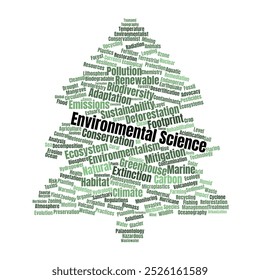 Environmental Science Word Cloud. Composition of Words Related to Ecology, Conservation, and Biodiversity. Isolated Background.