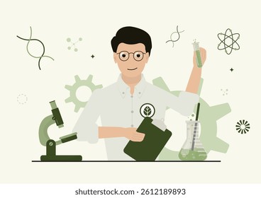 Environmental Scientist Conducting Green Research Illustration. scientist with lab equipment, test tube, and clipboard featuring eco-friendly symbols, representing sustainable research. Vector