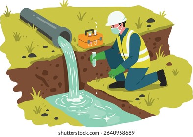Environmental Scientist Conducting Water Quality Testing Near Industrial Wastewater Discharge Pipe Protecting Our Waterways Through Environmental Monitoring and Analysis