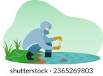 environmental scientists in safety uniforms check the level of clean water in the river, biologist testing water in the river bank vector illustration. 