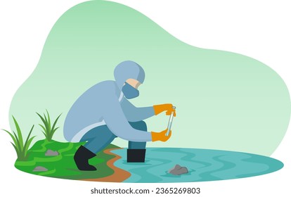 environmental scientists in safety uniforms check the level of clean water in the river, biologist testing water in the river bank vector illustration. 