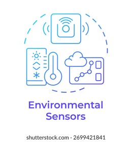 Icono de concepto de gradiente azul de sensores ambientales. Condiciones de seguimiento. Infraestructura y servicios de ciudades inteligentes. Ilustración de línea de forma redonda. Abstractas idea. Diseño gráfico. Fácil de usar en el folleto