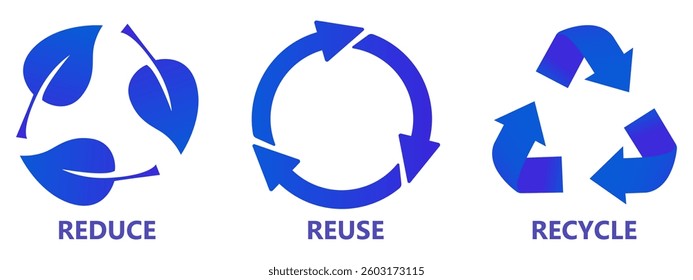 Environmental set icon. Leaf, arrow and triangle illustrate sustainable practice: reduce, reuse, recycle for ecological responsibility.