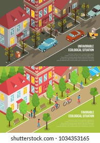 Environmental situation isometric scenes with eco friendly city and polluted town with dry trees isolated vector illustration