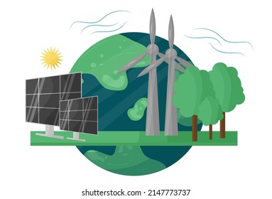 Environmental social corporate governance. ESG concept in the field of environmental protection. Model of the earth, windmill, solar battery. Vector illustration of sustainable development of ecology.