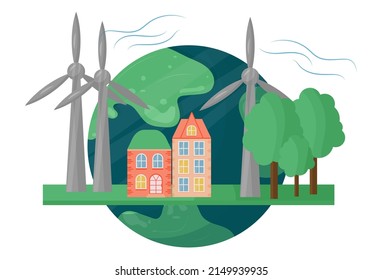 Gobernanza ambiental social corporativa. Concepto de ESG en el ámbito de la protección del medio ambiente. Modelo de la tierra, molino de viento, batería solar. Ilustración vectorial del desarrollo sostenible de la ecología.