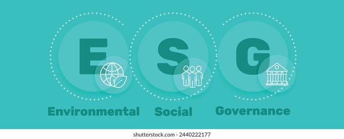 Environmental, Social and Corporate Governance. ESG concept. Banner with letters and icons in circles. Eco-friendly infographic. Vector illustration