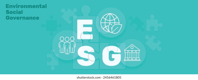 Environmental, Social and Corporate Governance. ESG concept. Banner with letters and icons in circles and puzzles. Eco-friendly infographic. Vector illustration