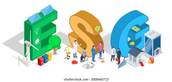 Plantilla de banner para tipografía de gobernanza ambiental, social y corporativa, ilustración isométrica de vector plano. Criterios de la empresa de ESG. Inversión empresarial sostenible y ética.