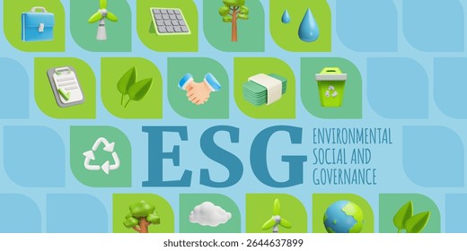 Environmental social and governance 3D cartoon plastic style vector banner design. Volume solar panel, windmill and recycle sign. Render green energy and eco-friendly, Planet Earth, nature symbols
