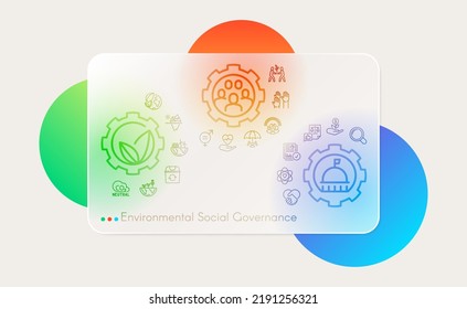 Environmental Social Governance. Business concept. Web page template. Banner. Background glass morphism design with line  icons