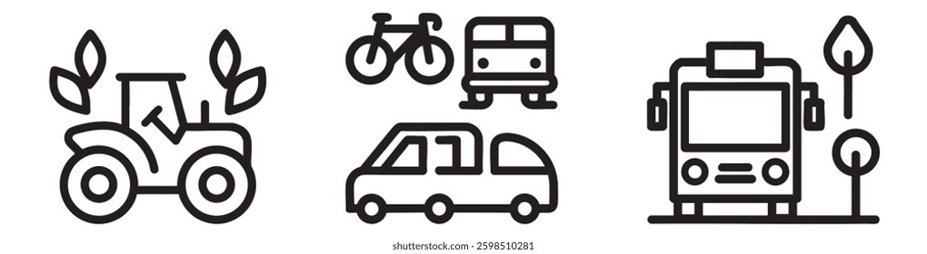 Environmental Social Governance climate impact collection. Transportation icons featuring various vehicles and green elements.