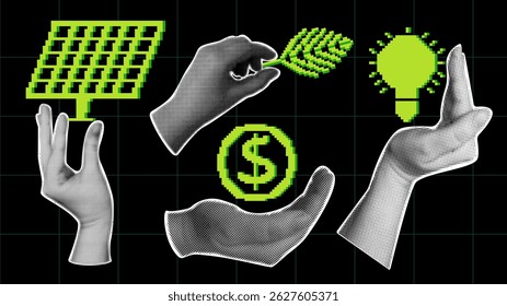 Environmental social governance collage with halftone hands and green elements in pixel art style. 