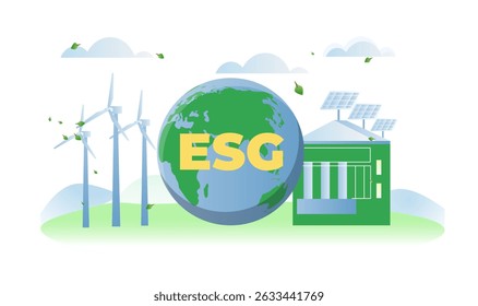 Environmental, social, and governance. Concept of ESG. Responsible business and environmentally friendly production. Ethics and morals. Caring for ecology and environment. Flat vector illustration