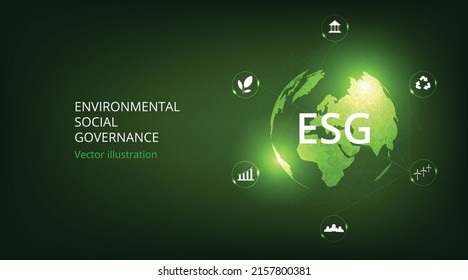  Concepto ambiental, social y de gobernanza. Icono de ESG de la Tierra Verde, Resolución de problemas ambientales, sociales y de gestión con íconos. Concepto de medio ambiente sostenible en el mundo.