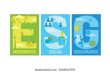 Environmental, social and governance (ESG). Collection of corporate performance evaluation criteria that assess the robustness of governance mechanisms. Editable vector illustration.