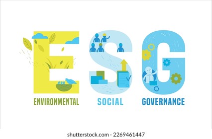 Environmental, social and governance (ESG). Collection of corporate performance evaluation criteria that assess the robustness of governance mechanisms. Editable vector illustration.