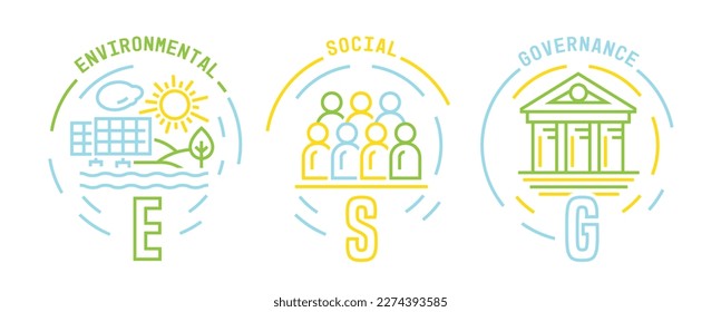 Medio ambiente, social y gobernanza (ESG). Recopilación de criterios de evaluación del desempeño de las empresas que evalúan la solidez de los mecanismos de gobernanza. Ilustración vectorial editable.