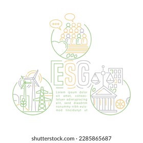 Environmental, social and governance. ESG. Collection of corporate performance evaluation criteria that assess the robustness of governance mechanisms. Editable vector illustration.