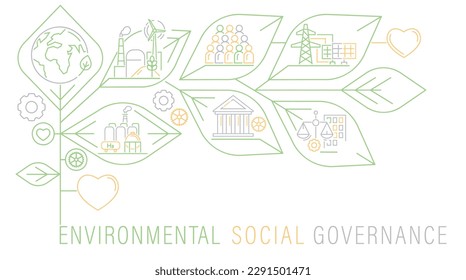 Medio ambiente, social y gobernanza. ESG. Recopilación de criterios de evaluación del desempeño de las empresas que evalúan la solidez de los mecanismos de gobernanza. Ilustración vectorial editable.