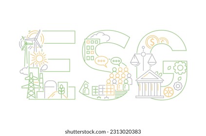 Environmental, social and governance. ESG. Collection of corporate performance evaluation criteria that assess the robustness of governance mechanisms. Editable vector illustration.