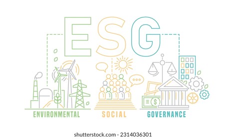 Environmental, social and governance. ESG. Collection of corporate performance evaluation criteria that assess the robustness of governance mechanisms. Editable vector illustration.