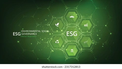 Environmental Social and Governance (ESG) concept. The company developed a nature conservation strategy and Solved environmental, social, and management problems with figure icons.