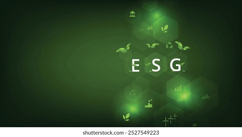 O conceito ambiental social e governança (ESG).O desenvolvimento da empresa de uma estratégia de conservação da natureza e resolução de problemas ambientais, sociais e de gestão com ícones de figura.