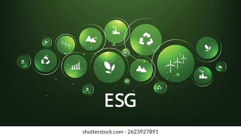 O conceito ambiental social e governança (ESG).O desenvolvimento da empresa de uma estratégia de conservação da natureza e resolução de problemas ambientais, sociais e de gestão com ícones de figura.