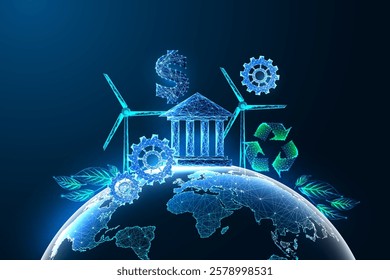 Environmental Social Governance ESG futristic concept with planet Earth with wind turbines, recycling symbol, gears, and dollar sign on dark blue background. Global sustainability. Vector illustration