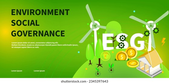 Environmental social governance ESG. management values. landing page, Banner Information Technology human rights, corporate governance. Green background with Business Icon vector illustrator