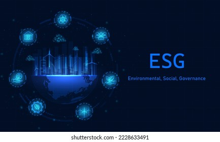 Environmental, social, and governance (ESG). Sustainable business concept. Blue background vector design.