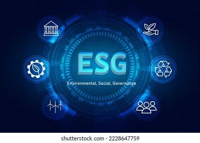 Medio ambiente, social y gobernanza (ESG). Concepto de negocios sustentable. Diseño vectorial de fondo azul.