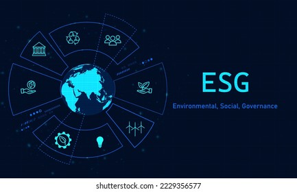 Medio ambiente, social y gobernanza (ESG). Concepto de negocios sustentable. Diseño vectorial de fondo azul.