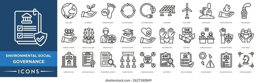 Environmental Social Governance Icon set. Leaf Globe, Eco-Friendly, Carbon Footprint, Recycling Arrows, Sustainable Energy, Solar Panel and Wind Turbine