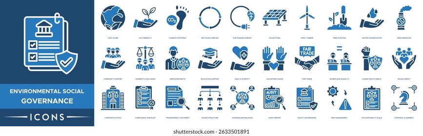 Environmental Social Governance Icon set. Leaf Globe, Eco-Friendly, Carbon Footprint, Recycling Arrows, Sustainable Energy, Solar Panel and Wind Turbine