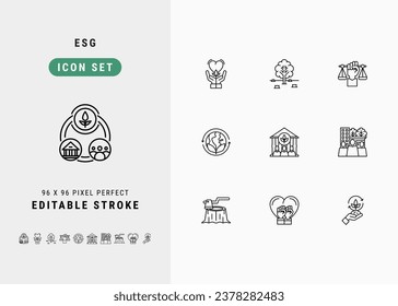 Environmental Social Governance Includes ESG, CSR, Deforestation, Human Rights and Sustainbale. Line Icons Set. Editable Stroke Vector Stock. 96 x 96 Pixel Perfect.