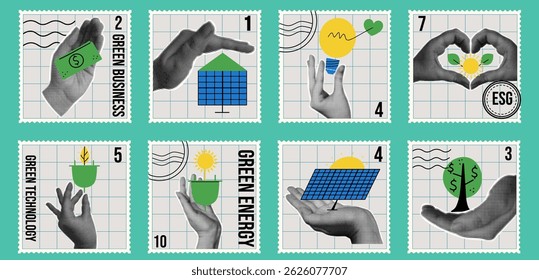 Environmental social governance postage stamp set. Green business collection with  green energy and technology. Halftone hands supporting sustainability.  Vector illustration in retro collage style. 