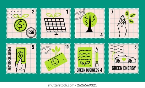 Environmental social governance postage stamp set. Green business collection with  green energy and technology.  Vector hand drawn design elements. 