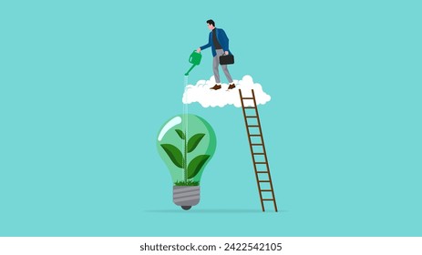 Environmental social and governance, sustainable business, industry using environmentally friendly energy or renewable energy, businessman watering sustainability light bulb vector illustration