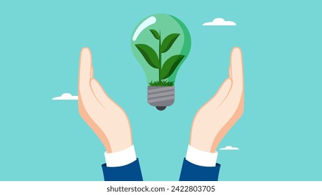 Environmental social and governance, sustainable business, industry using environmentally friendly energy or renewable energy, businessman holding sustainability light bulb vector illustration