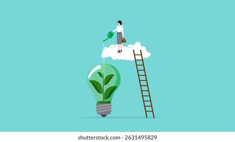 Environmental social and governance, sustainable business, industry using environmentally friendly energy or renewable energy, businesswoman watering sustainability light bulb vector illustration